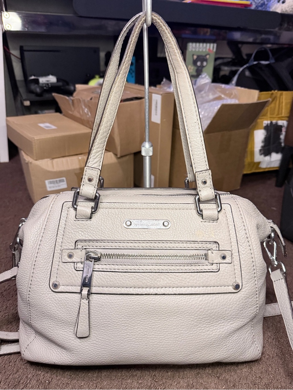 Michael Kors Gray Pebbled Women's Satchel Handbag with Silver Zipper Accents
